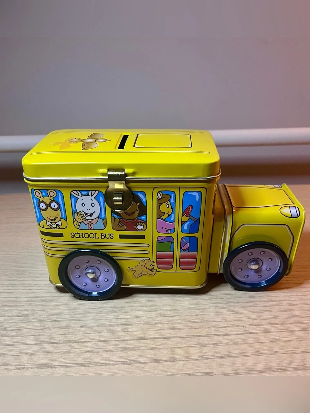 Vintage PBS Kids Arthur School Bus Yellow Tin Coin Bank - 1998 Marc Brown